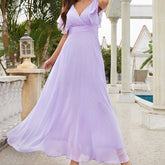 V Neck Short Purple Maxi Long Party Dress